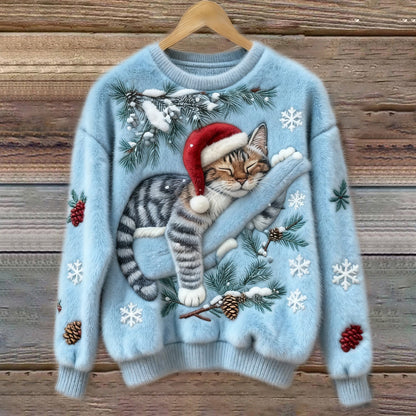 Weihnachtspullover mit Katzenmotiv - Wintertraum Strickpullover für Damen
