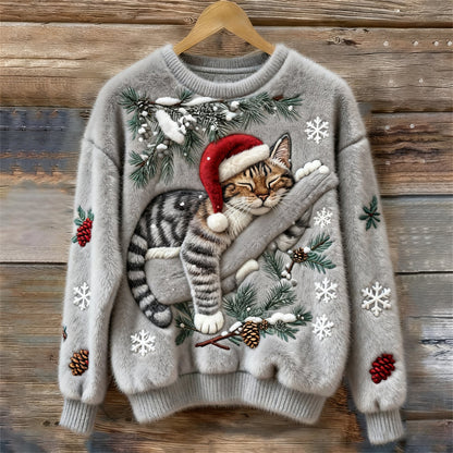 Weihnachtspullover mit Katzenmotiv - Wintertraum Strickpullover für Damen