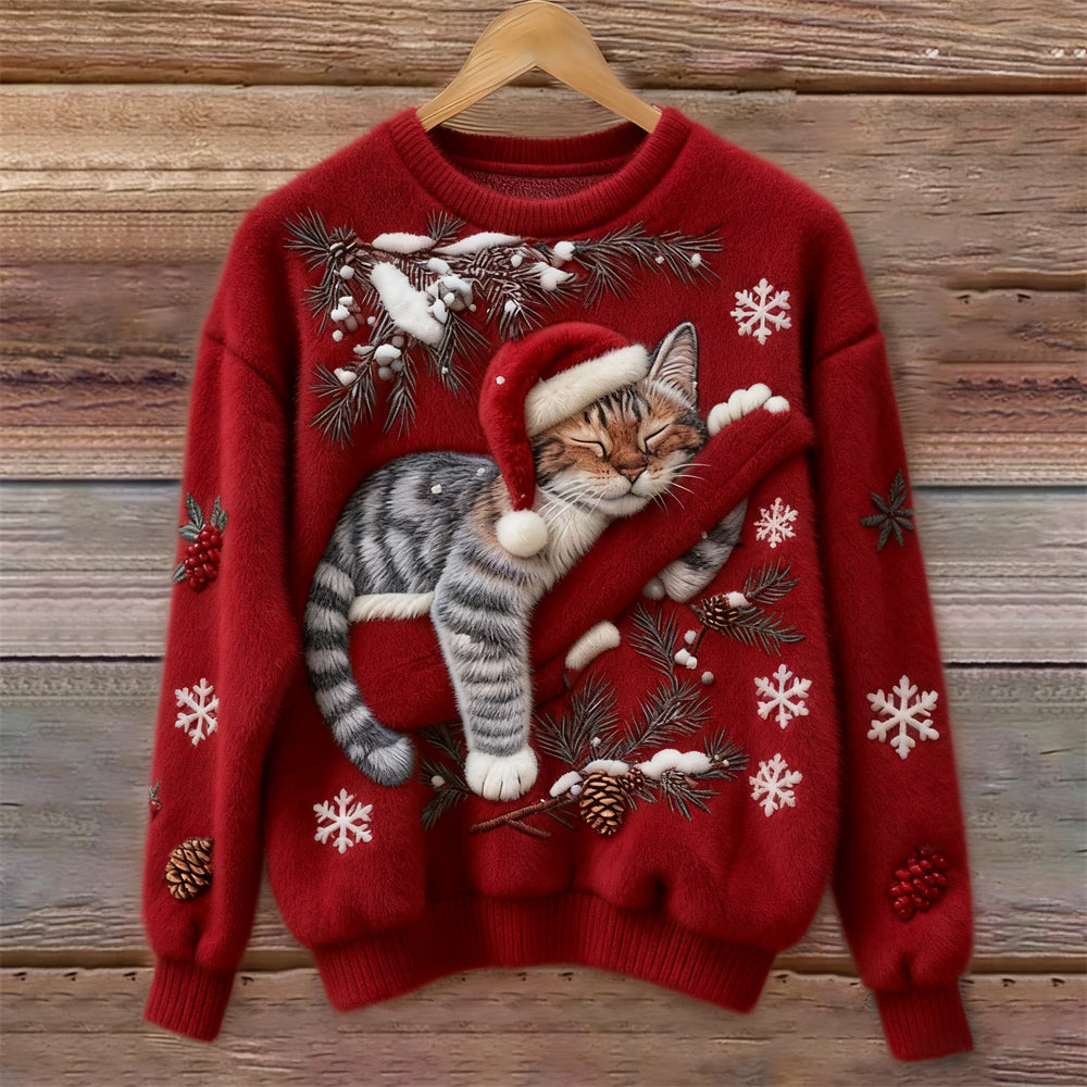 Weihnachtspullover mit Katzenmotiv - Wintertraum Strickpullover für Damen