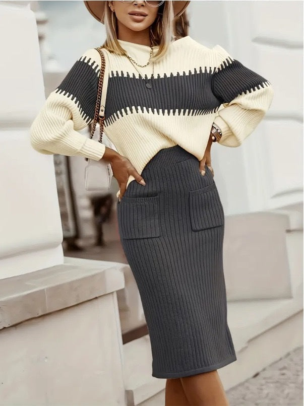 Valentinia - Strickset - Langärmeliger Pullover und schmaler Midirock