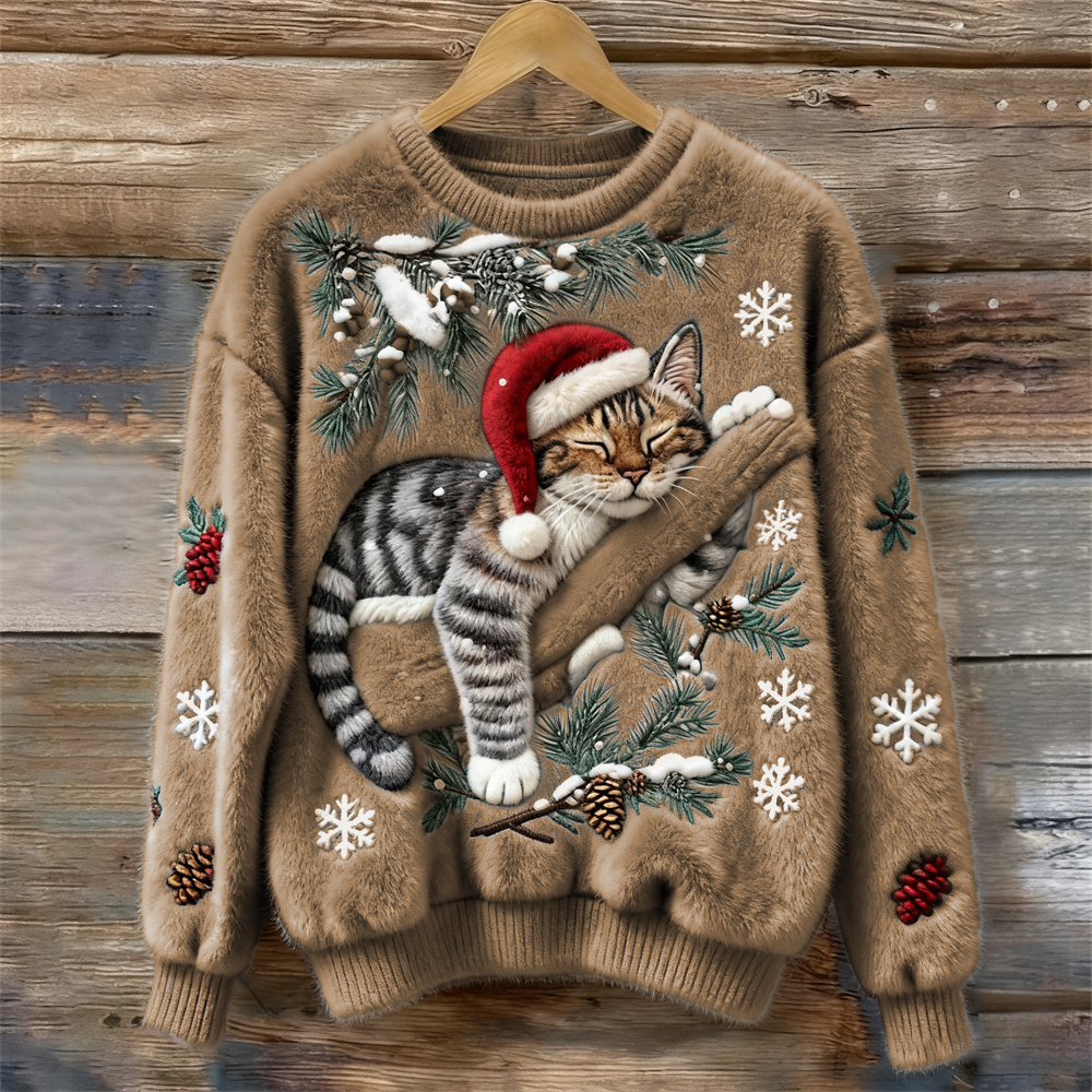 Weihnachtspullover mit Katzenmotiv - Wintertraum Strickpullover für Damen