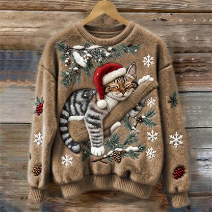 Weihnachtspullover mit Katzenmotiv - Wintertraum Strickpullover für Damen