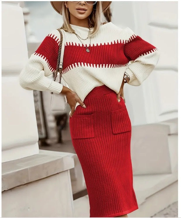 Valentinia - Strickset - Langärmeliger Pullover und schmaler Midirock