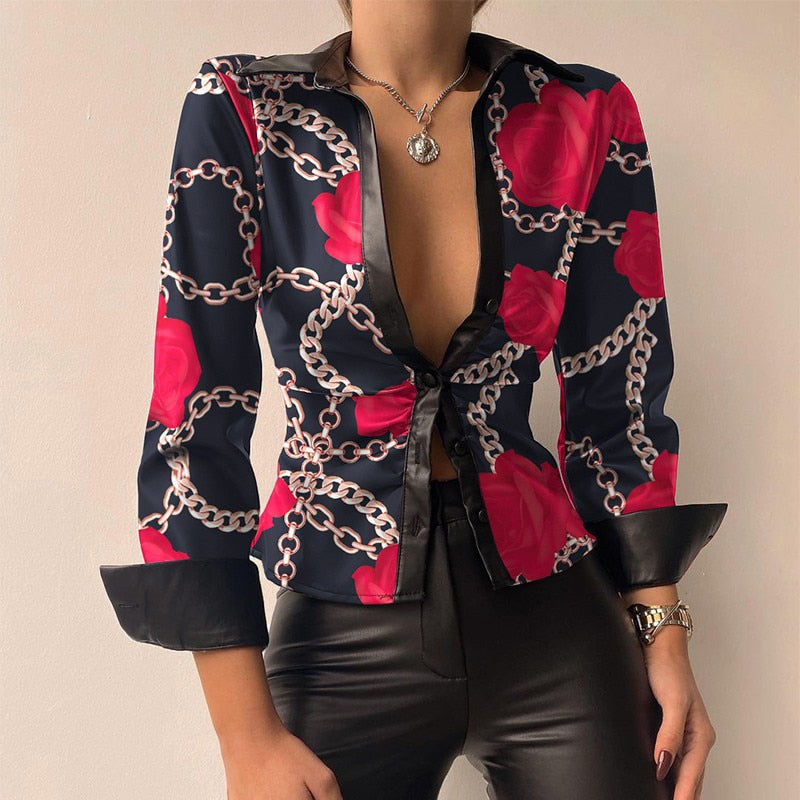 Silvia | V-Ausschnitt PU-Leder bedruckt Langarm Patchwork-Bluse