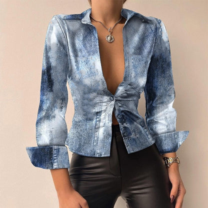 Silvia | V-Ausschnitt PU-Leder bedruckt Langarm Patchwork-Bluse