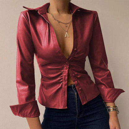 Silvia | V-Ausschnitt PU-Leder bedruckt Langarm Patchwork-Bluse