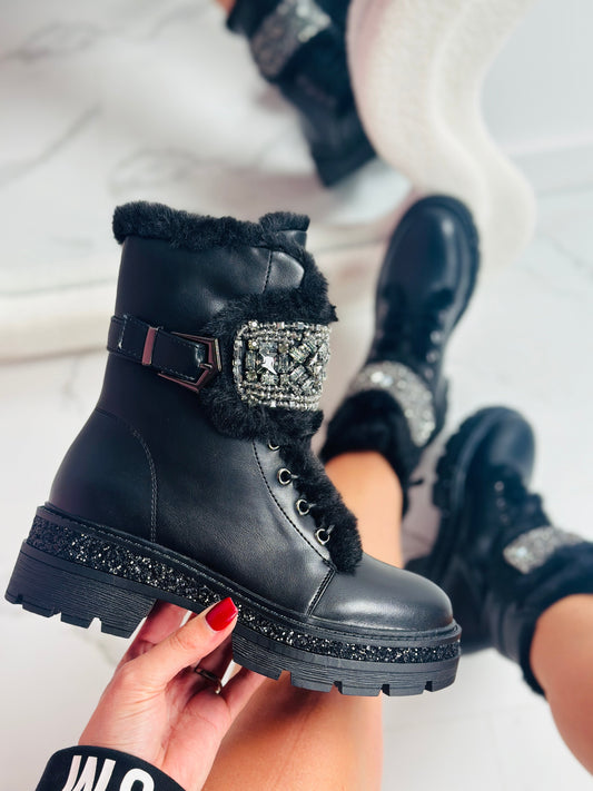 Stone Detail Schwarz Stiefel – Stilvolle Damen-Winterstiefel mit Steindetails