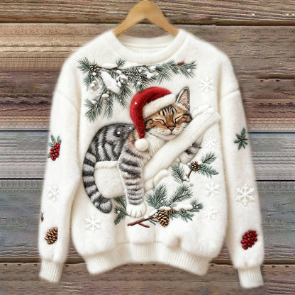 Weihnachtspullover mit Katzenmotiv - Wintertraum Strickpullover für Damen