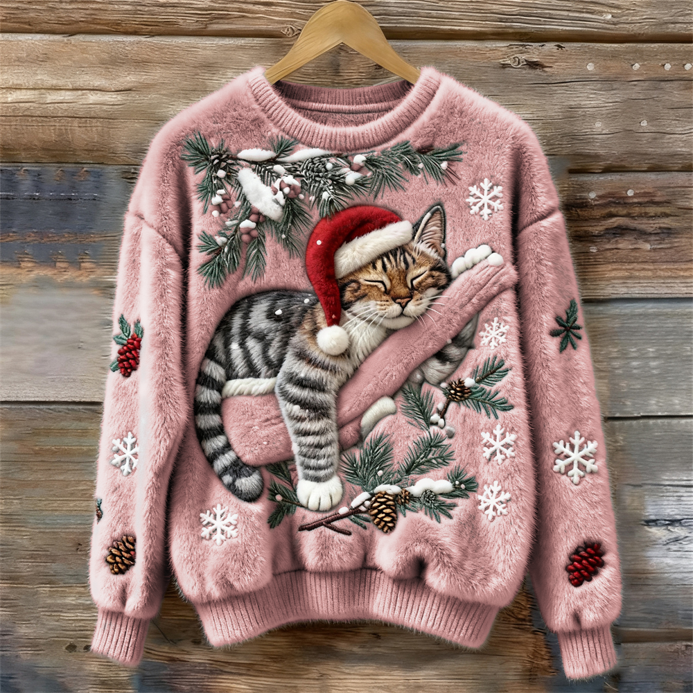 Weihnachtspullover mit Katzenmotiv - Wintertraum Strickpullover für Damen
