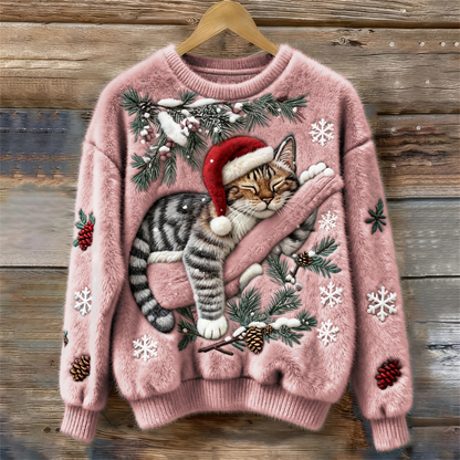 Weihnachtspullover mit Katzenmotiv - Wintertraum Strickpullover für Damen
