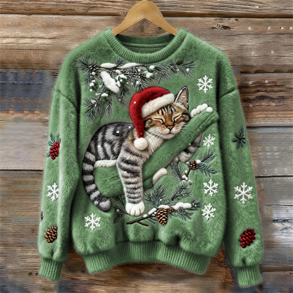 Weihnachtspullover mit Katzenmotiv - Wintertraum Strickpullover für Damen